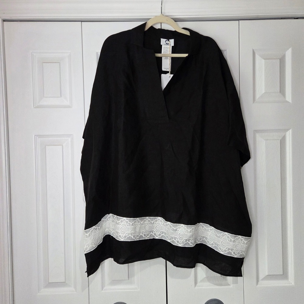 Marina Rinaldi Felicia Tunic 24W Black NWT Linen Lace Embroidered Kaftan Top